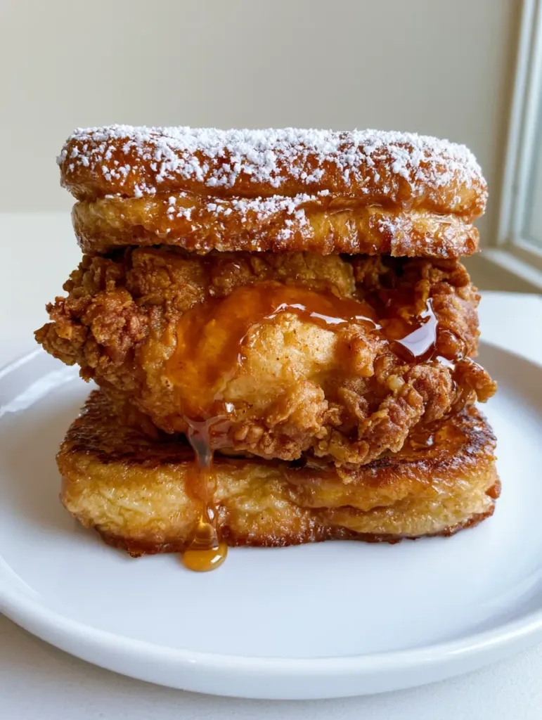 Smartphone photo of a French Toast Fried Chicken Sandwich showing thick brioche and craggy fried chicken.