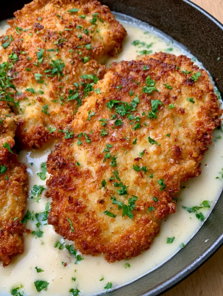 Smartphone photo of Parmesan Crusted Chicken on a wooden background with soft natural lighting.