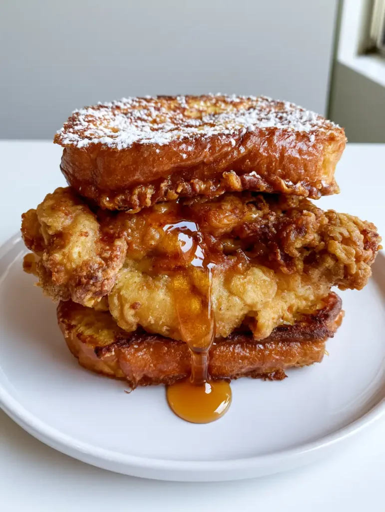 Side view of a crispy buttermilk chicken thigh between two slices of caramelized brioche French toast.
