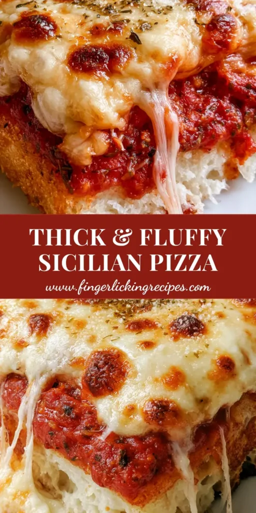 A thick square slice of Sicilian pizza with bubbly cheese and charred edges. (Sicilian Pizza Recipe)