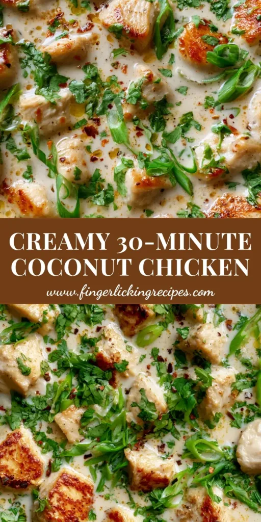 A top-down close-up shot of a black cast iron skillet containing creamy coconut chicken with seared edges and green cilantro garnish.