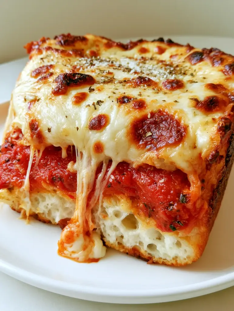 Close up view of the airy dough foundation and chunky sauce of a Sicilian Pizza Recipe.