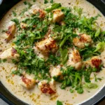 Close-up of Creamy Coconut Chicken showing golden-brown seared chunks in an ivory sauce with visible golden oil droplets.