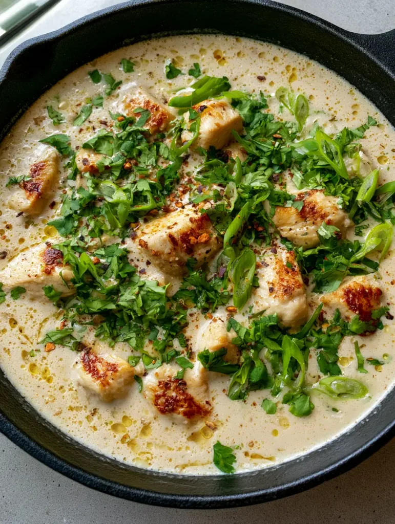 Close-up of Creamy Coconut Chicken showing golden-brown seared chunks in an ivory sauce with visible golden oil droplets.