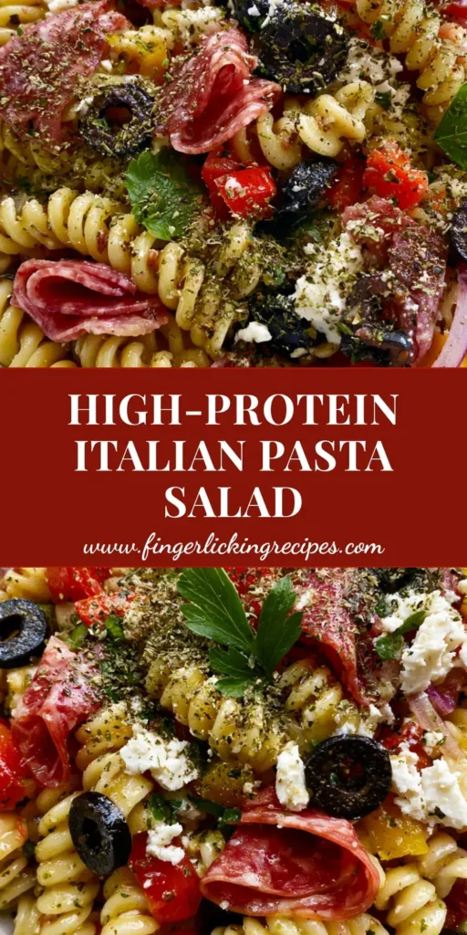 A vibrant top-down shot of a High-Protein Italian Pasta Salad in a white bowl, showing folded salami, feta, and bell peppers.