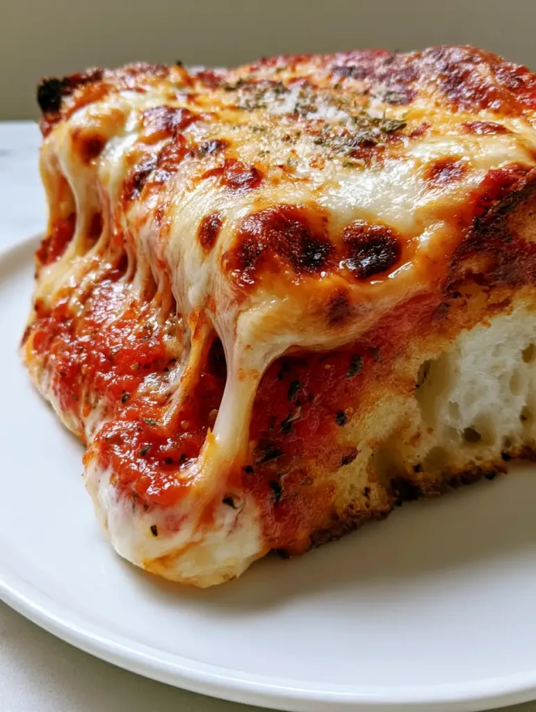Melted bubbly mozzarella with charred spots on a Sicilian Pizza Recipe slice.