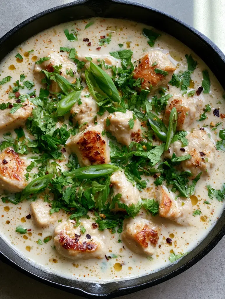 Top-down view of Creamy Coconut Chicken heavily garnished with fresh green cilantro and bias-cut scallions.