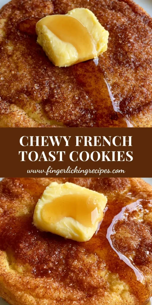 A stack of thick French Toast Cookies coated in cinnamon sugar with a buttercream butter pat and maple drizzle.