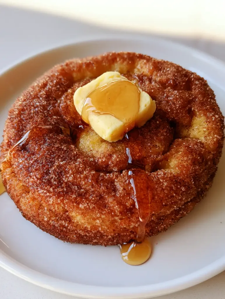 Handheld photo of a thick French Toast Cookie with a heavy cinnamon sugar coating and maple syrup drizzle. (French Toast Cookies)