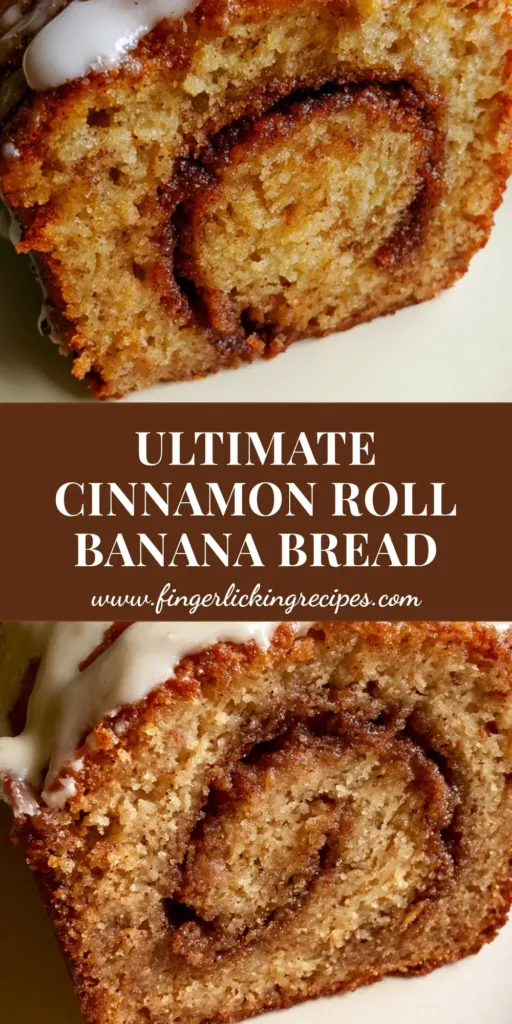 A close-up vertical shot of Cinnamon Roll Banana Bread with a thick white glaze dripping down the sides and a visible dark cinnamon swirl.