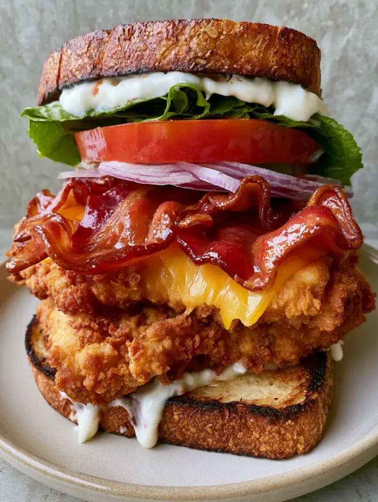 Close up view of the crispy, craggy texture of the breaded chicken tenders inside the Loaded Chicken Club Sandwich.