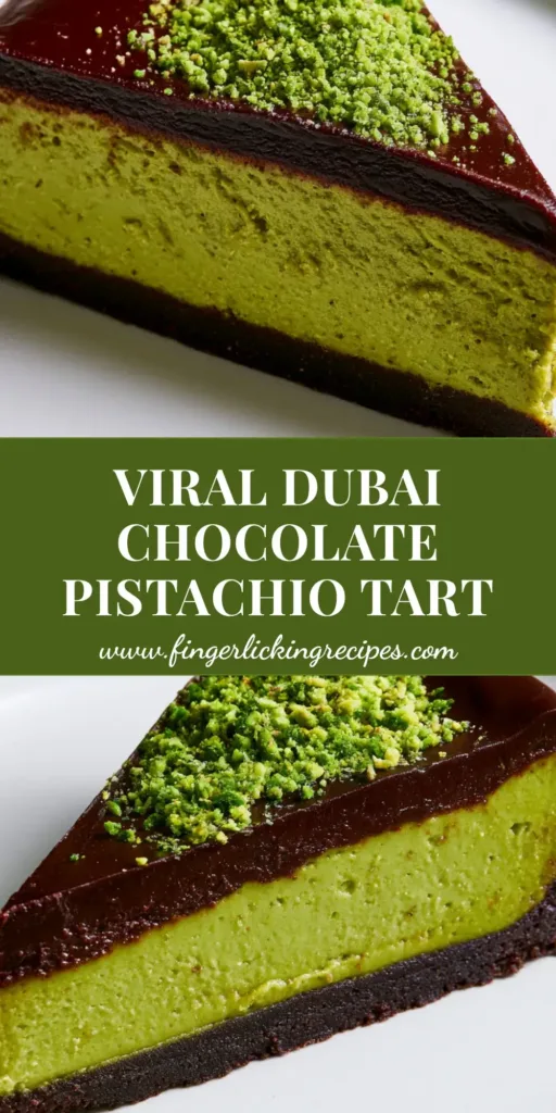 A close-up vertical shot of a Dubai Chocolate Pistachio Tart slice on a white ceramic plate, featuring a dark cocoa crust and vibrant green filling.