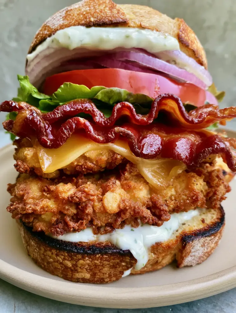 Side view of the Loaded Chicken Club Sandwich showing the melted cheddar, wavy bacon, and heirloom tomato layers.