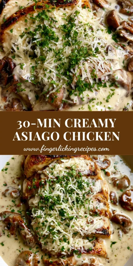 A close-up of sliced pan-seared chicken with golden-brown crust in a thick mushroom cream sauce topped with shredded Asiago and parsley. (Creamy Mushroom Asiago Chicken)