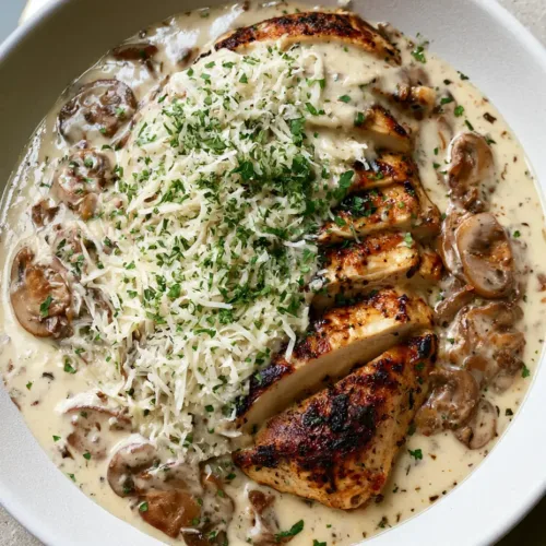 Creamy Mushroom Asiago Chicken With A Golden-Brown Pan-Seared Crust