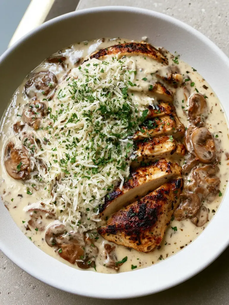 Top-down view of sliced chicken breasts with a charred crust in glossy white sauce with cremini mushrooms and parsley flakes. (Creamy Mushroom Asiago Chicken)