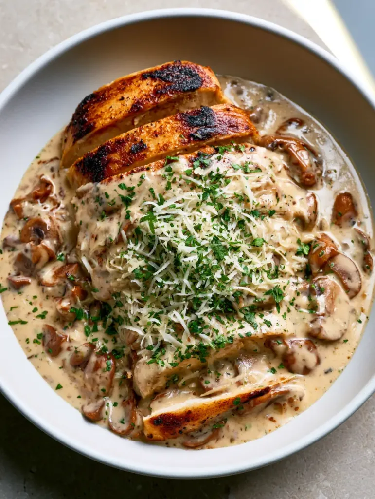 Handheld smartphone photo of Creamy Mushroom Asiago Chicken in a white ceramic bowl with natural light highlights.