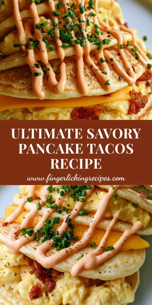 Three savory pancake tacos with golden-brown shells, moist scrambled eggs, crispy bacon, and sriracha mayo drizzle on a white plate. (Savory Pancake Tacos)