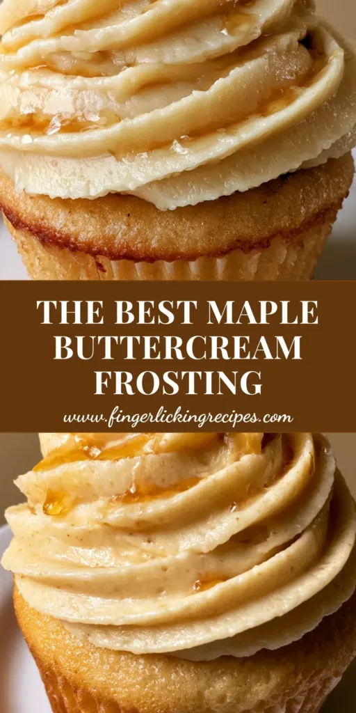 A tall swirl of Maple Buttercream Frosting on a vanilla cupcake with maple syrup drizzle.