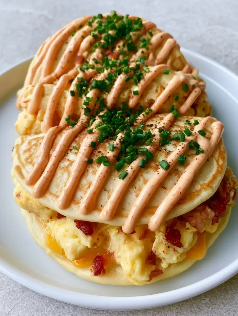 Close-up photo of savory pancake tacos featuring fluffy eggs and sharp yellow cheddar. (Savory Pancake Tacos)