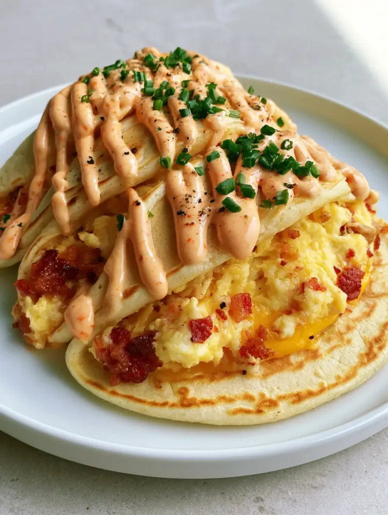 Smartphone photo of three breakfast tacos made with pancakes and a sriracha mayo drizzle.