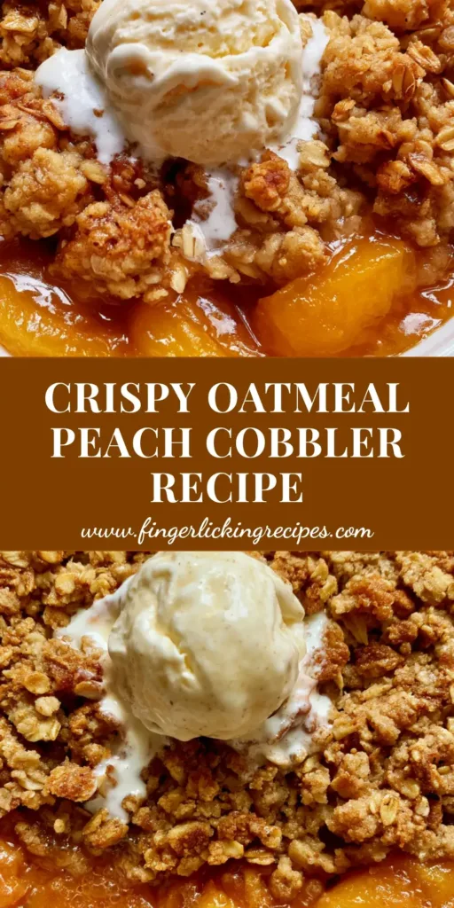 A handheld smartphone photo of a Peach Cobbler with Oatmeal Crumble in a white ceramic dish with melting vanilla ice cream.