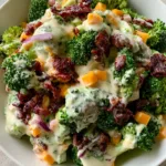 High-angle smartphone photo of Broccoli Salad with Bacon on a gray stone surface, featuring raw broccoli and a thick creamy dressing.