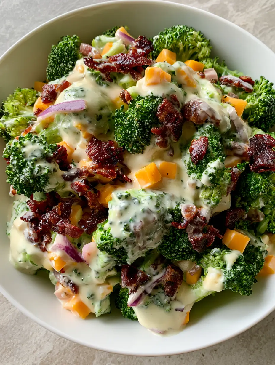 Broccoli Salad with Bacon: The Ultimate Creamy Potluck Classic 4 High-angle smartphone photo of Broccoli Salad with Bacon on a gray stone surface, featuring raw broccoli and a thick creamy dressing.