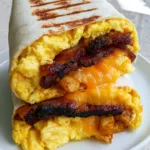 Close-up of a Bacon Egg and Cheese Breakfast Burrito showing the toasted flour tortilla with brown griddle marks and colorful internal layers on a white plate.