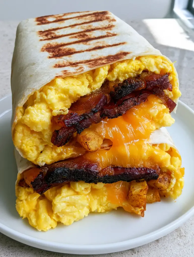 Close-up of a Bacon Egg and Cheese Breakfast Burrito showing the toasted flour tortilla with brown griddle marks and colorful internal layers on a white plate.