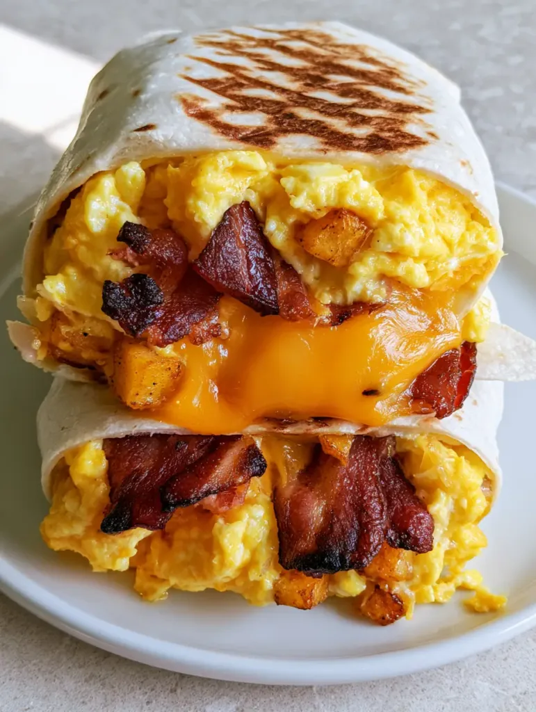 A stack of sliced breakfast burritos featuring thick-cut bacon, bright yellow eggs, and melted orange cheddar cheese.