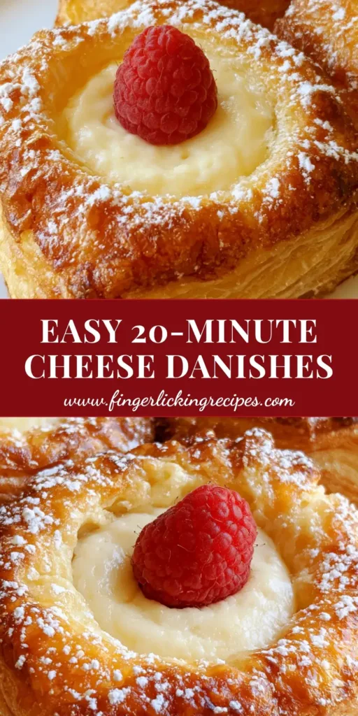 A close-up view of a Mini Cheese Danish with flaky golden-brown layers, a white cream cheese center, and a single red raspberry on top.