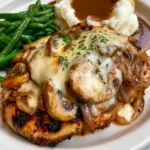 Close-up of juicy grilled chicken breast with dark char marks and bubbling Monterey Jack cheese. (Texas Roadhouse Smothered Chicken)