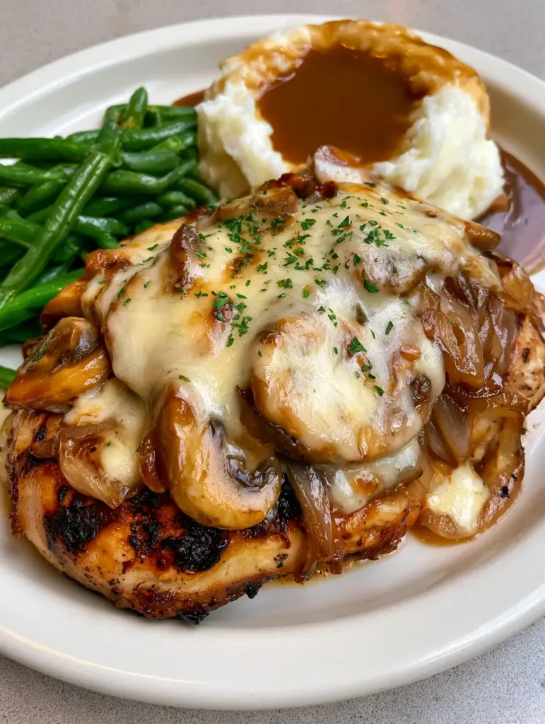 Close-up of juicy grilled chicken breast with dark char marks and bubbling Monterey Jack cheese. (Texas Roadhouse Smothered Chicken)