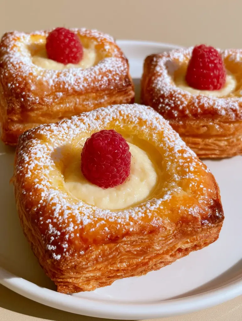 Multiple Mini Cheese Danishes on a white porcelain plate, showing the distinct thin flaky layers of the puff pastry.