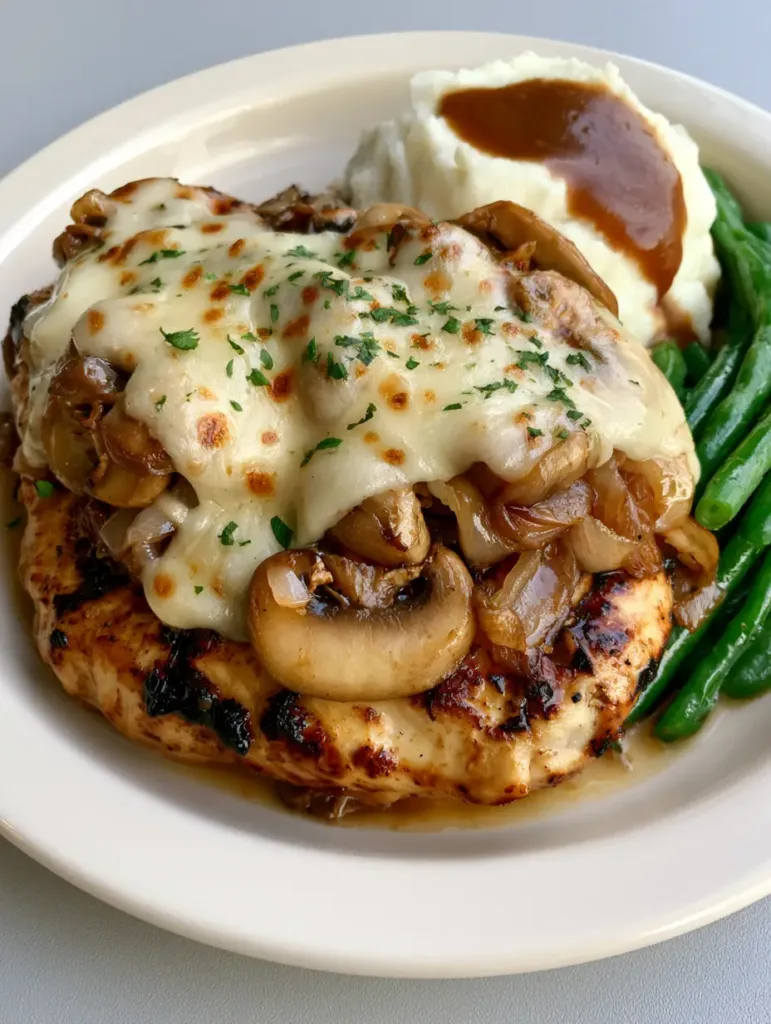 A high-angle photo of the smothered chicken served with creamy mashed potatoes and tender-crisp green beans.