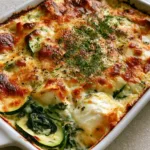 Zucchini Spinach Feta Casserole with a Golden Cheese Crust Close up view of the Zucchini Spinach Feta Casserole showing layers of zucchini, wilted spinach, and large chunks of feta cheese.