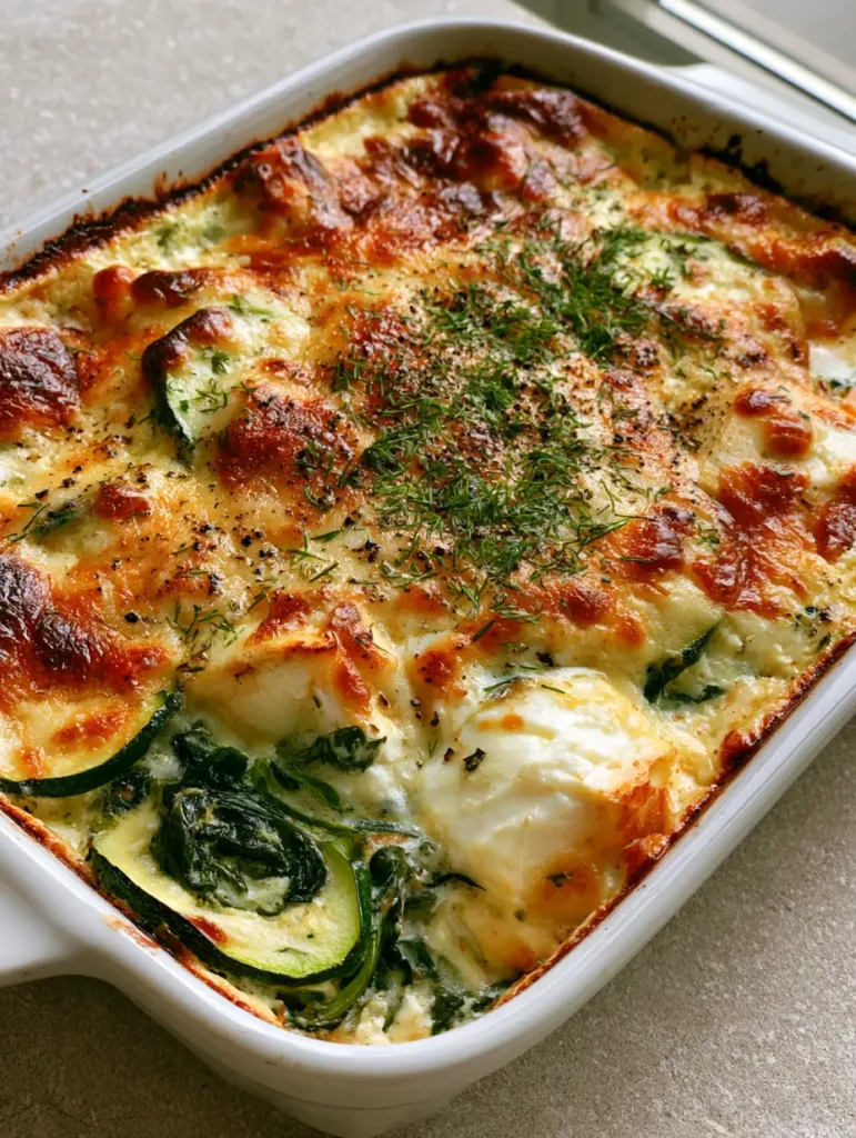 Zucchini Spinach Feta Casserole with a Golden Cheese Crust 3 Close up view of the Zucchini Spinach Feta Casserole showing layers of zucchini, wilted spinach, and large chunks of feta cheese.