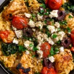 Close up of seared chicken breast chunks and tender orzo with wilted spinach and feta. (Mediterranean Chicken Orzo)