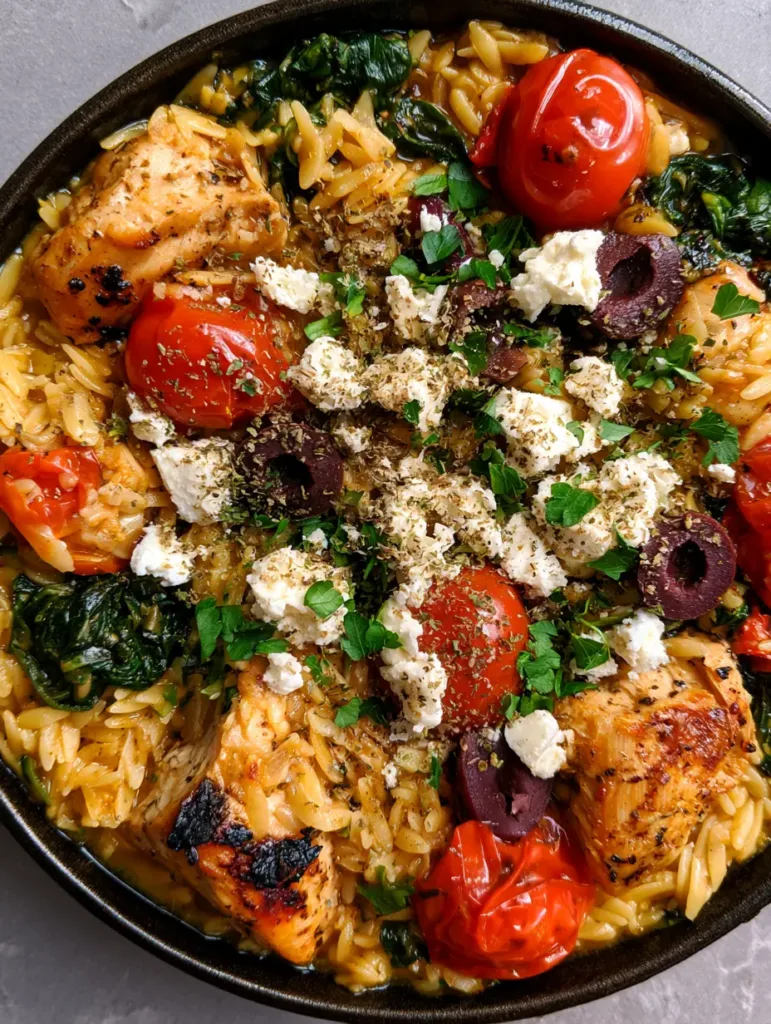 Close up of seared chicken breast chunks and tender orzo with wilted spinach and feta. (Mediterranean Chicken Orzo)