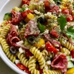 Close-up of High-Protein Italian Pasta Salad highlighting the glossy herb vinaigrette and vibrant vegetables.