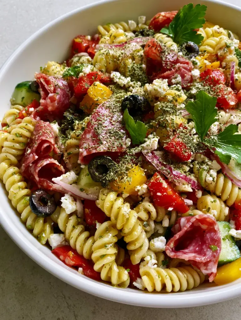 Close-up of High-Protein Italian Pasta Salad highlighting the glossy herb vinaigrette and vibrant vegetables.