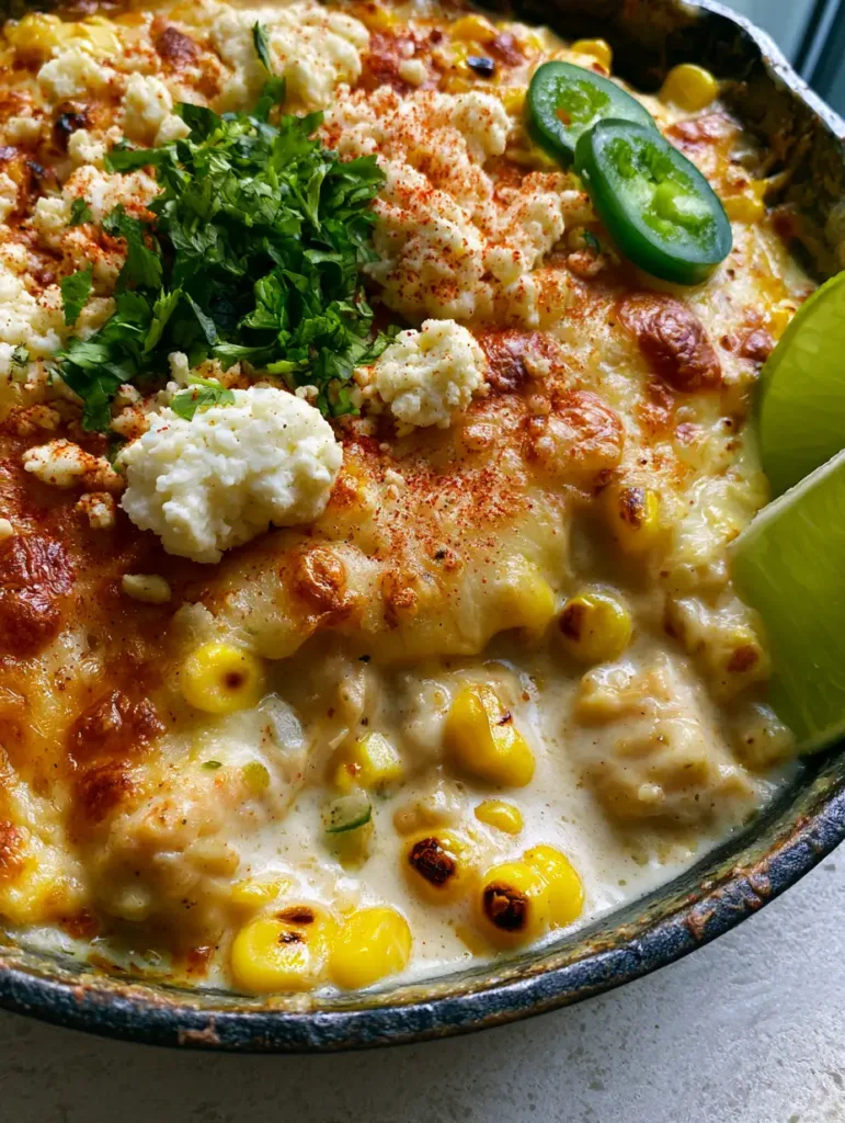 Close-up of succulent chicken breast cubes in a creamy sauce with charred corn and melted cheese. (Street Corn Chicken Casserole)