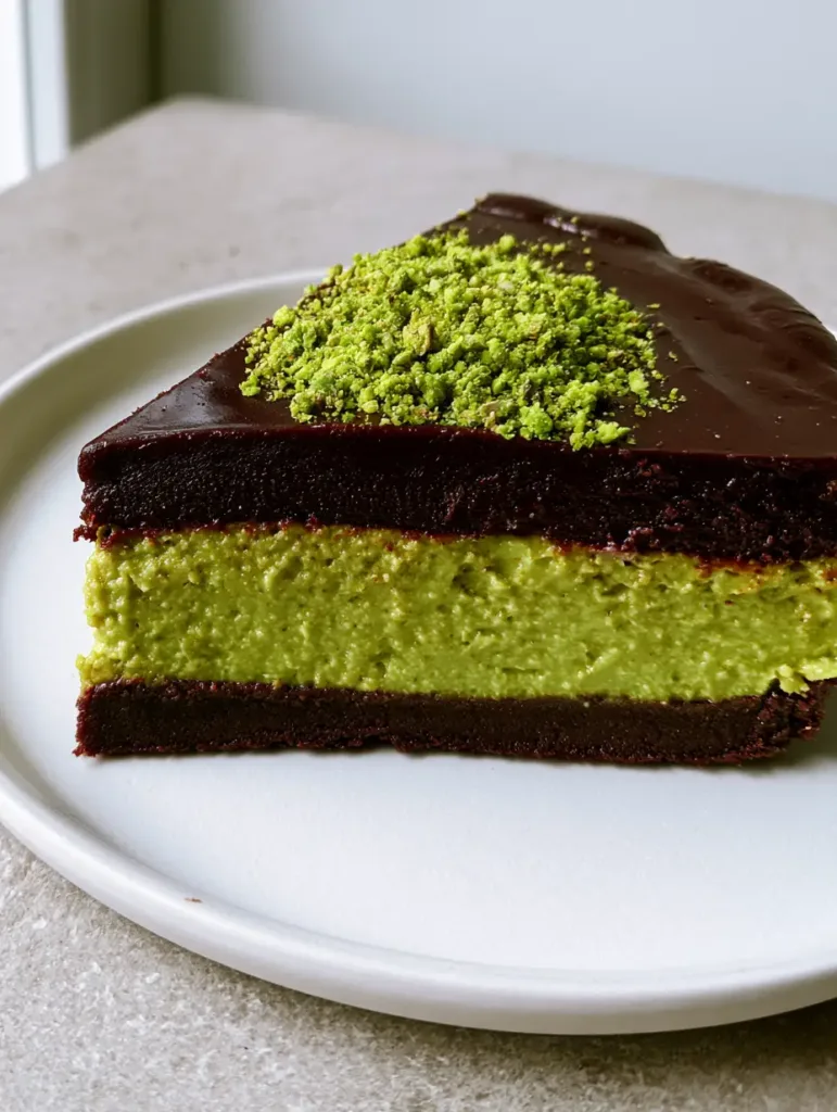 Eye-level photograph of a single slice of Dubai Chocolate Pistachio Tart on a white plate with visible layers.