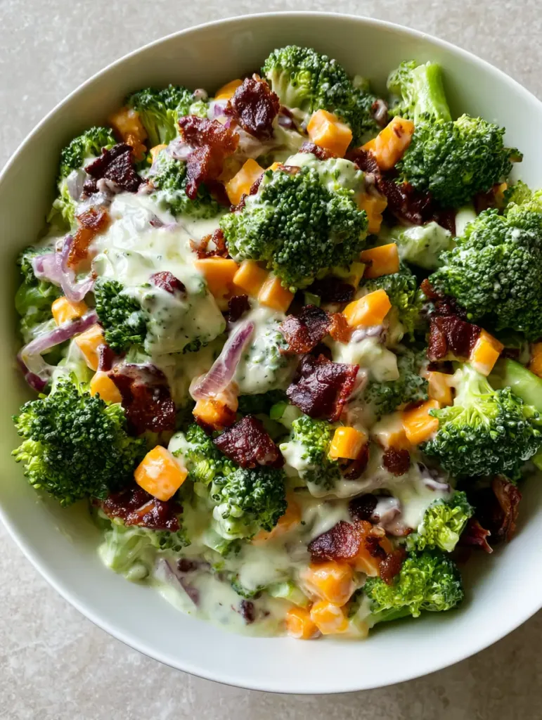 Broccoli Salad with Bacon: The Ultimate Creamy Potluck Classic 2 A close-up view of Broccoli Salad with Bacon highlighting the textures of crispy bacon and sharp orange cheddar cubes.