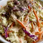 Top view of Homemade Coleslaw in a white bowl showing vibrant purple cabbage, orange carrots, and a thick glossy white dressing with cracked black pepper.