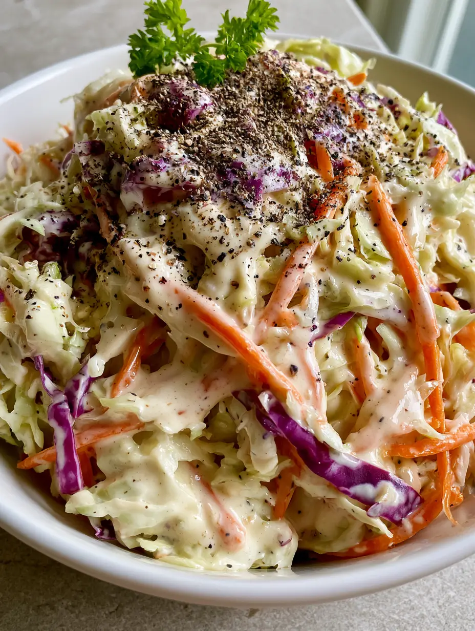 Homemade Coleslaw: The Ultimate Creamy and Crunchy Restaurant-Style Recipe 4 Top view of Homemade Coleslaw in a white bowl showing vibrant purple cabbage, orange carrots, and a thick glossy white dressing with cracked black pepper.