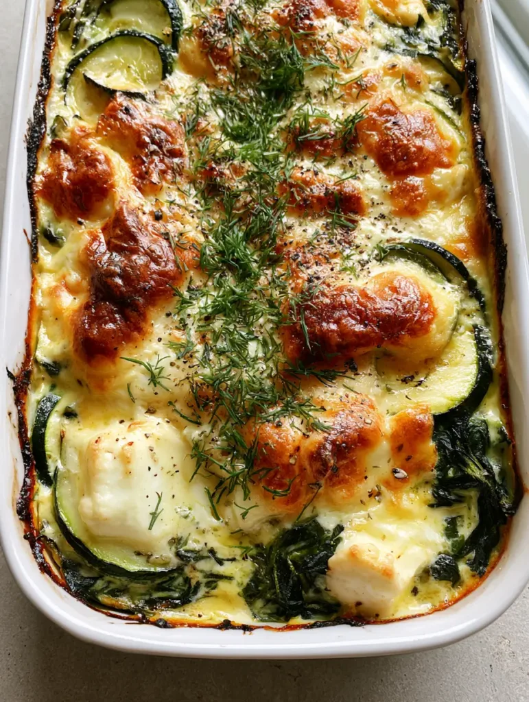 Zucchini Spinach Feta Casserole in a rectangular white ceramic dish on a grey stone countertop with natural light.