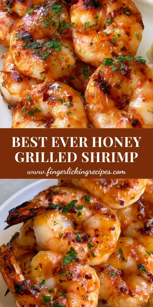 A stack of honey garlic Grilled Shrimp Recipe skewers with visible char marks and fresh parsley on an off-white plate.