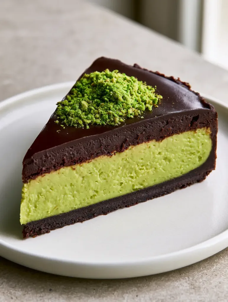 A high-angle view of the glossy ganache top and crushed pistachio garnish of the Dubai Chocolate Pistachio Tart.